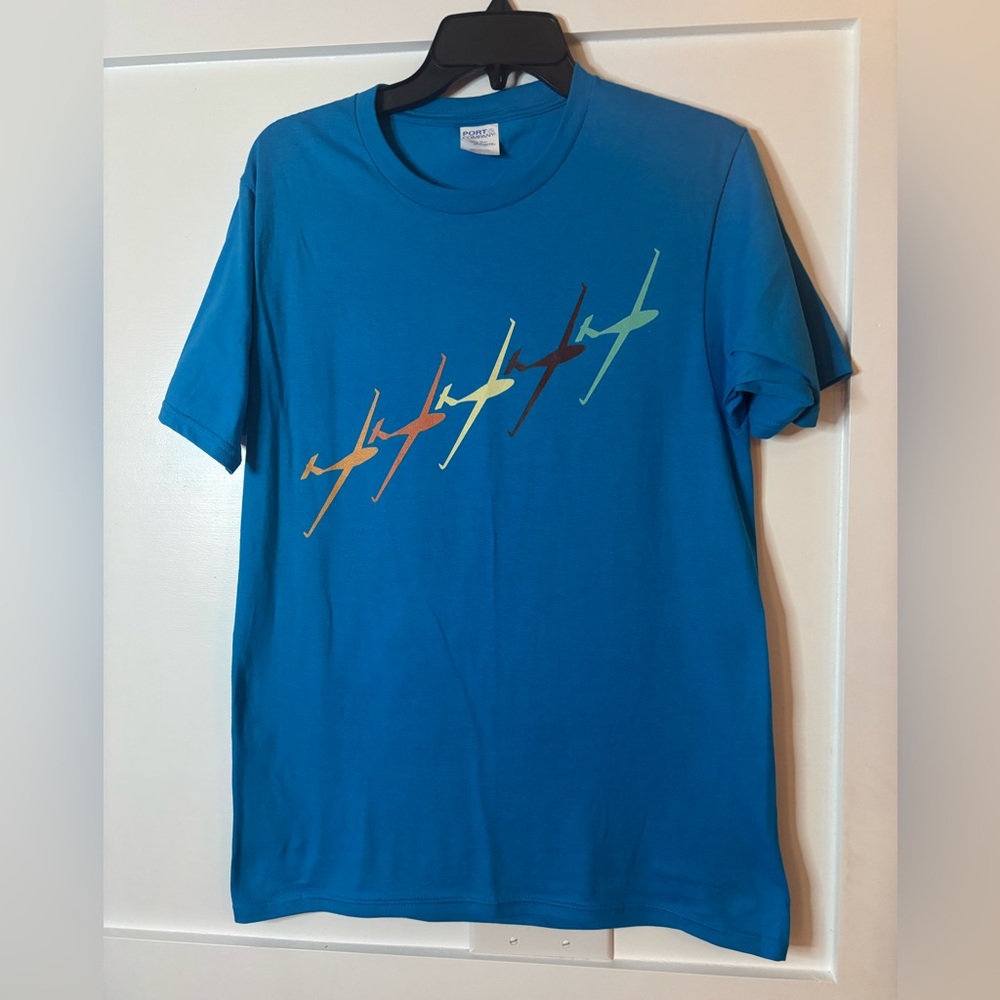 Blue Graphic Tee with Airplane/Glider Design NWOT